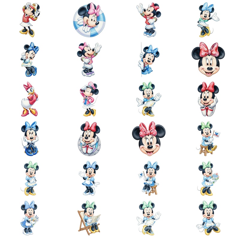 May include: A collection of Minnie Mouse illustrations in various poses and outfits. Minnie is depicted in different outfits, including dresses, swimwear, and casual wear. The illustrations feature a variety of colors, including red, pink, blue, and green.