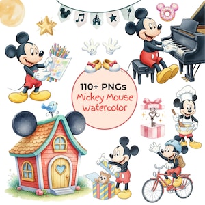 Pode incluir: Ilustra&ccedil;&otilde;es em aquarela com Mickey Mouse em v&aacute;rias poses. Mickey &eacute; mostrado tocando piano, andando de bicicleta e abrindo um presente. A imagem inclui uma casa, sapatos, luvas e o texto "110+ PNGs Mickey Mouse Watercolor."