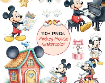 Pacote de imagens PNG do Mickey Mouse em aquarela, Mickey da Disney em PNG, Clipart da Casa do Mickey, PNG de aniversário de desenho animado fofo