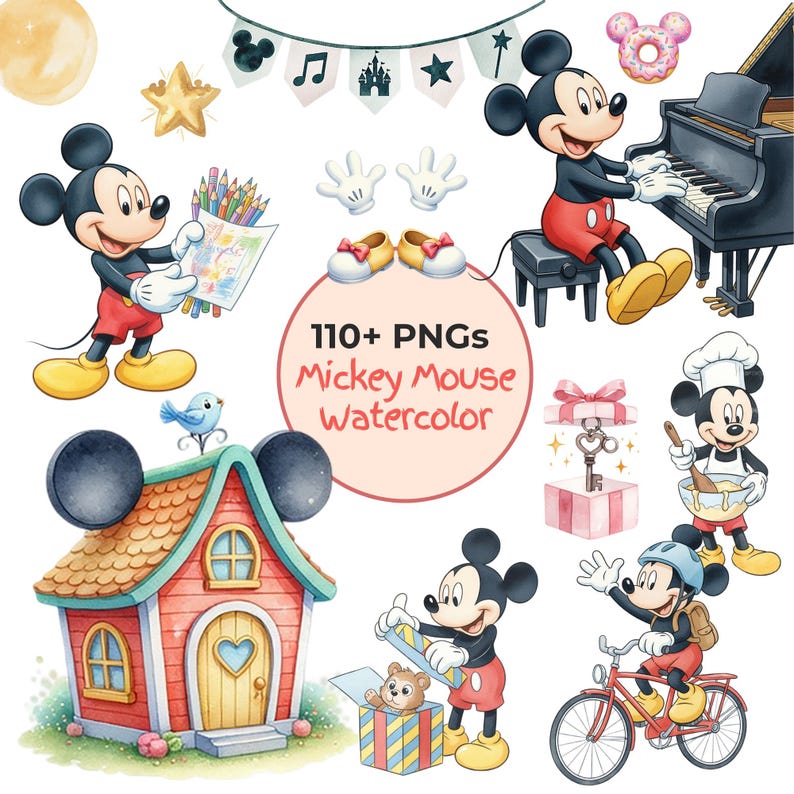Pode incluir: Ilustra&ccedil;&otilde;es em aquarela com Mickey Mouse em v&aacute;rias poses. Mickey &eacute; mostrado tocando piano, andando de bicicleta e abrindo um presente. A imagem inclui uma casa, sapatos, luvas e o texto "110+ PNGs Mickey Mouse Watercolor."