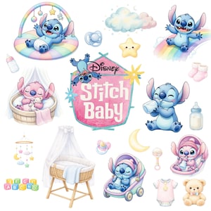 Könnte beinhalten: Eine Sammlung von Aquarellillustrationen mit der Disney-Figur Stitch im Baby-Thema. Enthält Stitch in verschiedenen Posen mit Babyartikeln wie einer Krippe, einem Kinderwagen, Flaschen und einem Mobile. Der Text "Stitch Baby" wird auf einem rosa Banner angezeigt.