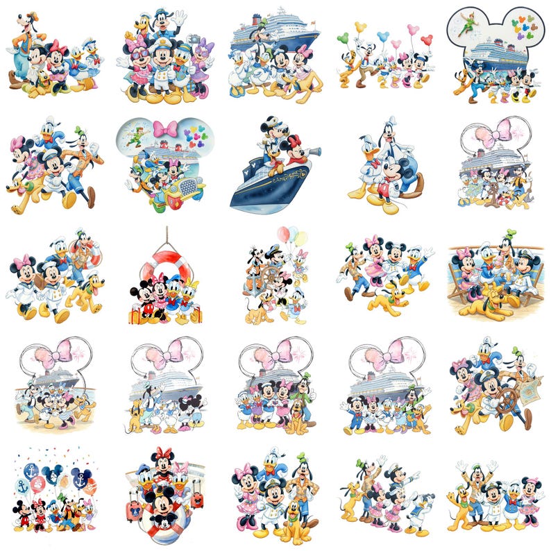 May include: A collection of colorful Disney character illustrations. Mickey Mouse, Minnie Mouse, Donald Duck, and Goofy are featured in various scenes, including a cruise ship and with balloons. The images are in a watercolor style.