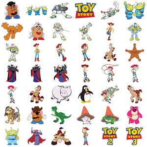 May include: A collection of Toy Story character stickers featuring Woody, Buzz Lightyear, Jessie, Mr. and Mrs. Potato Head, Rex, Hamm, Slinky Dog, Bullseye, the Aliens, Zurg, and Lotso, along with the Toy Story, Toy Story 2, and Toy Story 3 logos.