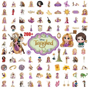 May include: A collection of Disney Tangled-themed stickers and illustrations. The image features various characters, including Rapunzel, Flynn Rider, and Pascal, along with related objects like a guitar, sun, and flower. The central design element is a purple and green decorative frame with the movie title.