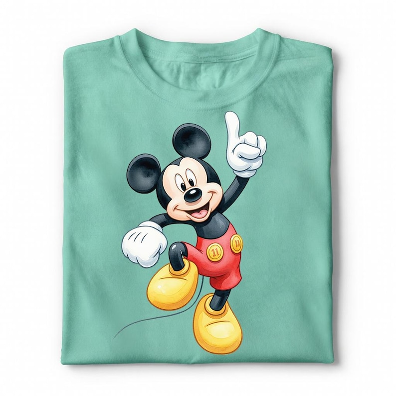 Op de afbeelding: Een mintgroen T-shirt met ronde hals en een afbeelding van Mickey Mouse. Het personage is afgebeeld met zwarte oren, een rode broek met twee gele knopen en grote gele schoenen, terwijl &eacute;&eacute;n wit gehandschoende vinger omhoog wijst.