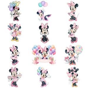 May include: A collection of Minnie Mouse illustrations in various poses. Minnie is depicted in a pink dress and bow, often holding balloons or gifts. The images have a watercolor style, with soft colors and a celebratory theme.