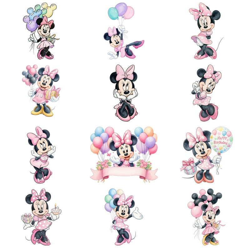 May include: A collection of Minnie Mouse illustrations in various poses. Minnie is depicted in a pink dress and bow, often holding balloons or gifts. The images have a watercolor style, with soft colors and a celebratory theme.
