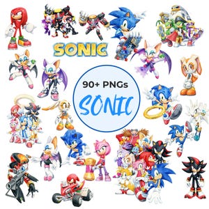 Peut inclure: Une collection d'illustrations à l'aquarelle représentant des personnages de la franchise Sonic the Hedgehog. L'image comprend Sonic, Knuckles, Tails, Amy Rose et d'autres personnages. Le texte "SONIC" et "90+ PNGs" sont également visibles.