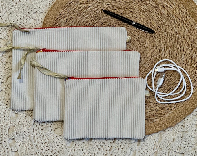 Set of 3 beige corduroy trays - paper storage - pocket accessories - handmade - France - unique handcrafted pieces