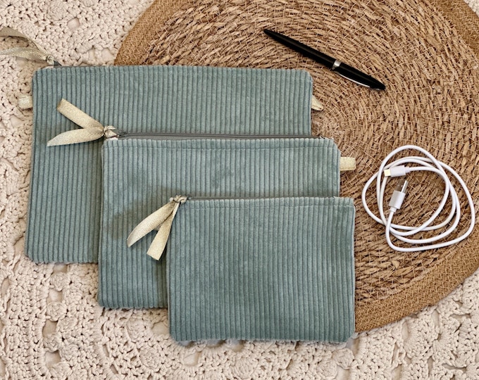 Set of 3 celadon corduroy trays - paper storage - pocket accessories - handmade - France - unique handcrafted pieces