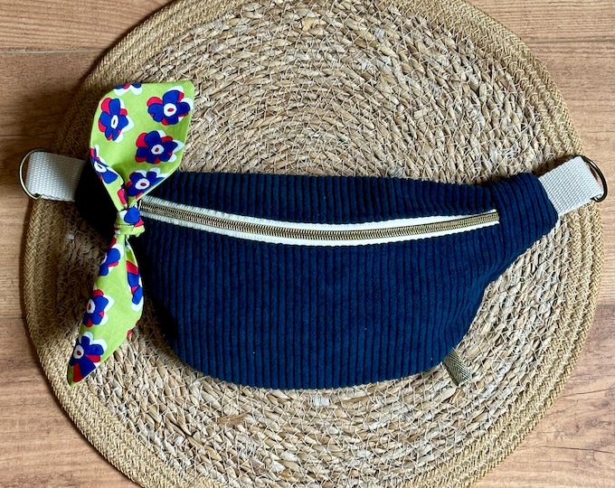 Blue corduroy multi-pocket fanny pack – Handmade in France (Loire-Atlantique) – Trendy women's fanny pack – Adjustable belt pouch