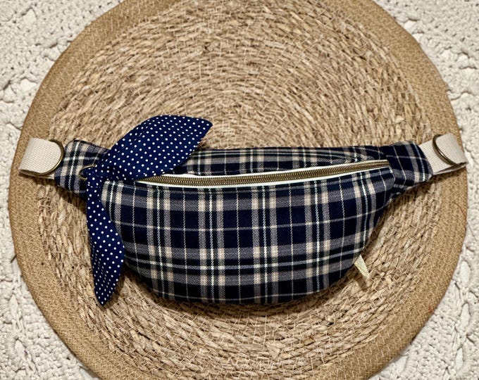 Navy blue and gingham plaid/tartan fabric fanny pack with multiple pockets - Handmade - Trendy women's fanny pack - Adjustable belt pouch