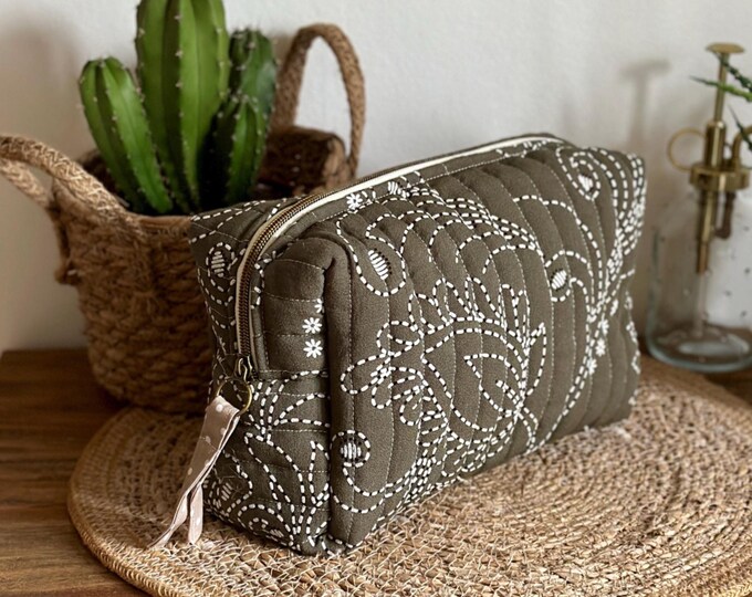 Embroidered khaki toiletry bag