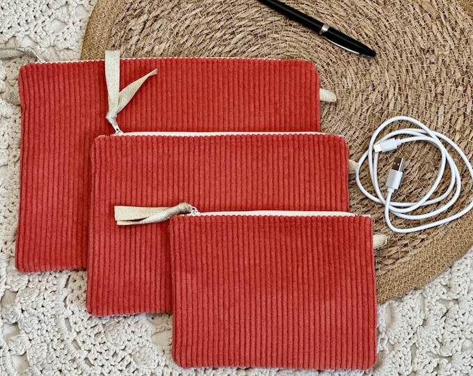 Set of 3 orange corduroy trays - paper storage - pocket accessories - handmade - France - unique handcrafted pieces