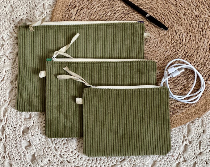Set of 3 khaki corduroy trays - paper storage - pocket accessories - handmade - France - unique handcrafted pieces