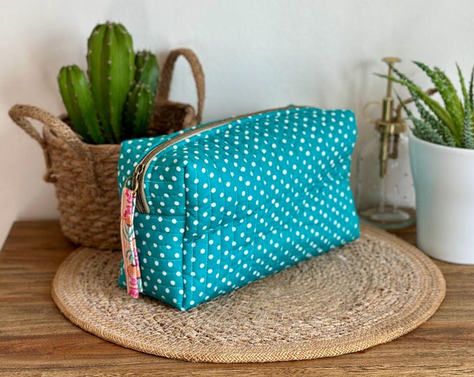 Turquoise blue polka dot toiletry bag