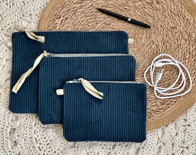 Set of 3 navy blue corduroy trays - paper storage - pocket accessories - handmade - France - unique handcrafted pieces