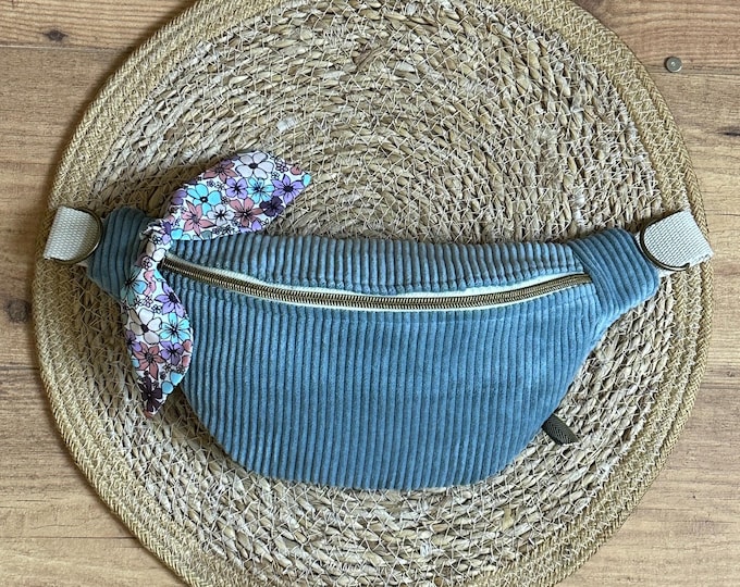 Blue corduroy multi-pocket fanny pack – Handmade in France – Trendy women's fanny pack – Adjustable belt pouch