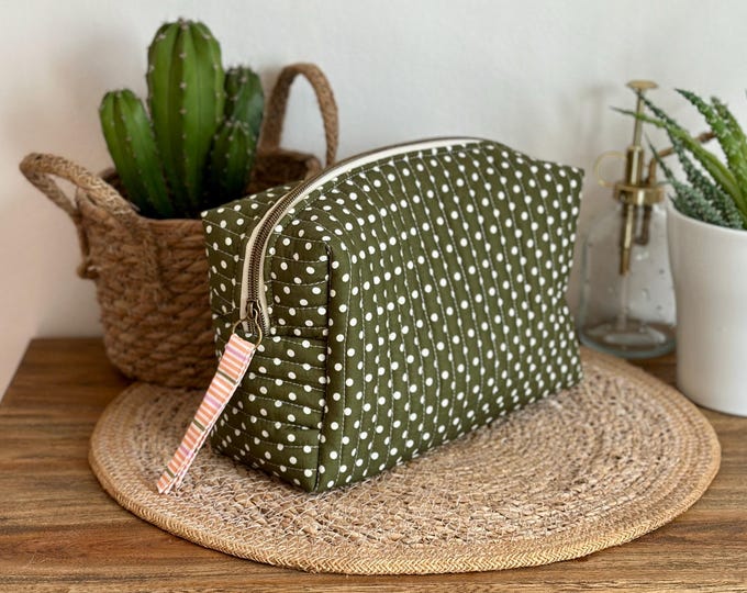 Khaki polka dot toiletry bag