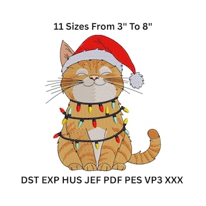 May include: An embroidered design of a smiling orange tabby cat wearing a red Santa hat and a string of Christmas lights. The text "11 Sizes From 3" To 8"" is above the cat. Below the cat are the letters "DST EXP HUS JEF PDF PES VP3 XXX".