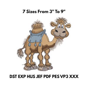 May include: A cartoon camel embroidery design in shades of brown, tan, and blue. The camel has a whimsical expression and is wearing a blue saddle. Text at the top reads "7 Sizes From 7.6 cm To 22.9 cm", and at the bottom, file formats are listed.