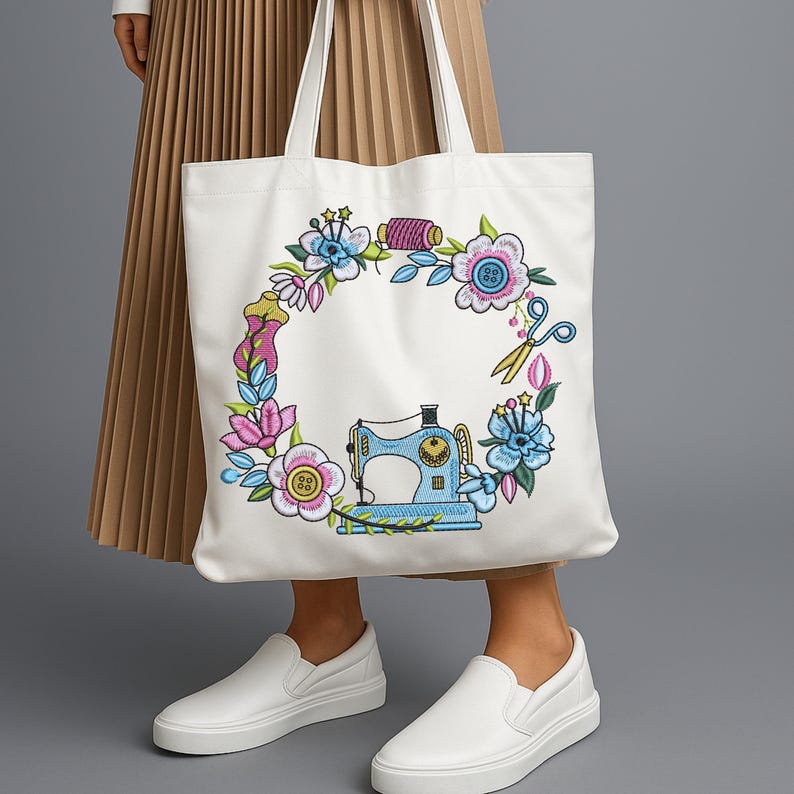 Floral sewing machine embroidery frame stitched on white tote bag, modeled with neutral outfit. Ideal for crafters, makers, and handmade business branding