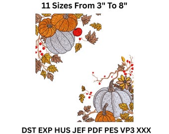 Fall Pumpkin Corner Embroidery Design Set – Autumn Leaves Borders, 11 Sizes, Instant Download