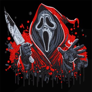 Red and black ghost face horror embroidery design with knife on black background – digital Halloween patch for machine embroidery, 3 to 7 inches
