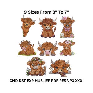 Op de afbeelding: Een verzameling van negen geborduurde Highland koeien ontwerpen in verschillende poses. De tekst erboven luidt "9 Maten Van 3" Tot 7"", wat de beschikbare maten aangeeft. De ontwerpen tonen bruine en bruin-beige koeien met bloemenaccenten en strikken.