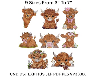 Highland Cow Embroidery Designs: 8 Baby Cow Patterns (Digital Download)