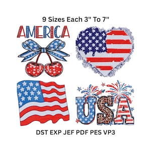 May include: Embroidered designs featuring patriotic themes. Includes the word "AMERICA" with cherries, a heart-shaped flag, a waving flag, and the word "USA" with fireworks. Sizes range from 3 to 7 inches.