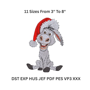 May include: An embroidered design of a smiling donkey wearing a red Santa hat. The donkey is grey with black hooves and a large, open mouth. Text above reads "11 Sizes From 7.6 cm To 20.3 cm". Below are file format abbreviations.