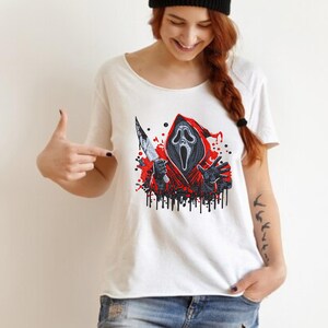 Ghost face horror embroidery design displayed on a white t-shirt – Halloween digital file for machine embroidery, scary mask art
