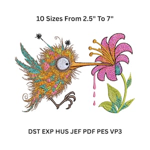 May include: A whimsical embroidered design featuring a colorful bird with a long beak, interacting with a pink flower. The design includes text indicating sizes from 2.5" to 7". The bird is depicted with orange, yellow, and teal feathers.