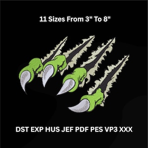 May include: Embroidered claw design with green claws and white talons, set against a black background. The text "11 Sizes From 3" To 8"" is displayed above the claws. Below the claws, the text "DST EXP HUS JEF PDF PES VP3 XXX" is displayed.