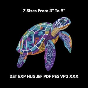 May include: A colorful embroidered sea turtle design with text that reads "7 Sizes From 3" To 9"" on a black background. The turtle features a mosaic pattern in shades of blue, purple, orange, and yellow. The design is available in multiple file formats.