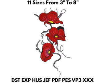May include: An embroidered design of three red poppies with yellow centers and gray stems and vines. The text "11 Sizes From 3" To 8"" is above the design. Below the design are the file types: DST EXP HUS JEF PDF PES VP3 XXX.