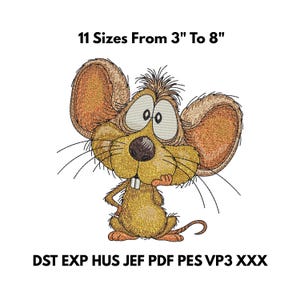 Puede incluir: Diseño de bordado de ratón de dibujos animados con orejas grandes y expresión de sorpresa. El texto "11 Tamaños De 7,6 cm A 20,3 cm" está encima del ratón. Debajo están las abreviaturas de formato de archivo. El ratón es principalmente marrón, beige y blanco.