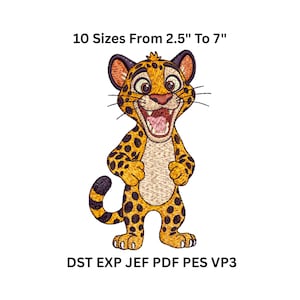 Cute Cartoon Jaguar Leopard Embroidery Design – Jungle Animal Machine Embroidery File in 10 Sizes | Instant Download DST PES JEF VP3