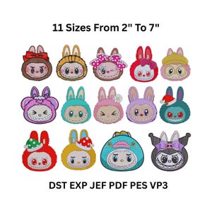 May include: A collection of colorful, cartoonish bunny face designs with various expressions and accessories. The text "11 Sizes From 2" To 7"" is displayed above the designs. Below the designs, the text "DST EXP JEF PDF PES VP3" is shown.