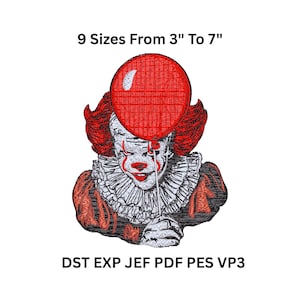 Könnte beinhalten: Gesticktes Bild eines Clowns mit roten Haaren, Make-up und einem roten Ballon. Das Bild ist in 9 Größen von 7,6 cm bis 17,8 cm erhältlich. Der Text "9 Sizes From 3" To 7"" und Dateityp-Abkürzungen sind enthalten.
