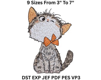 Winking Cat Embroidery Design: Fluffy Kitten Machine Pattern (3-7 inch, PDF Color Chart)
