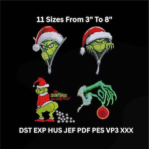 May include: Four Grinch-themed designs on a black background. Two show the Grinch peeking out of a zipper, wearing a Santa hat. One shows the Grinch's backside, and the last shows a green hand holding a red ornament. Text reads "11 Sizes From 3" To 8".