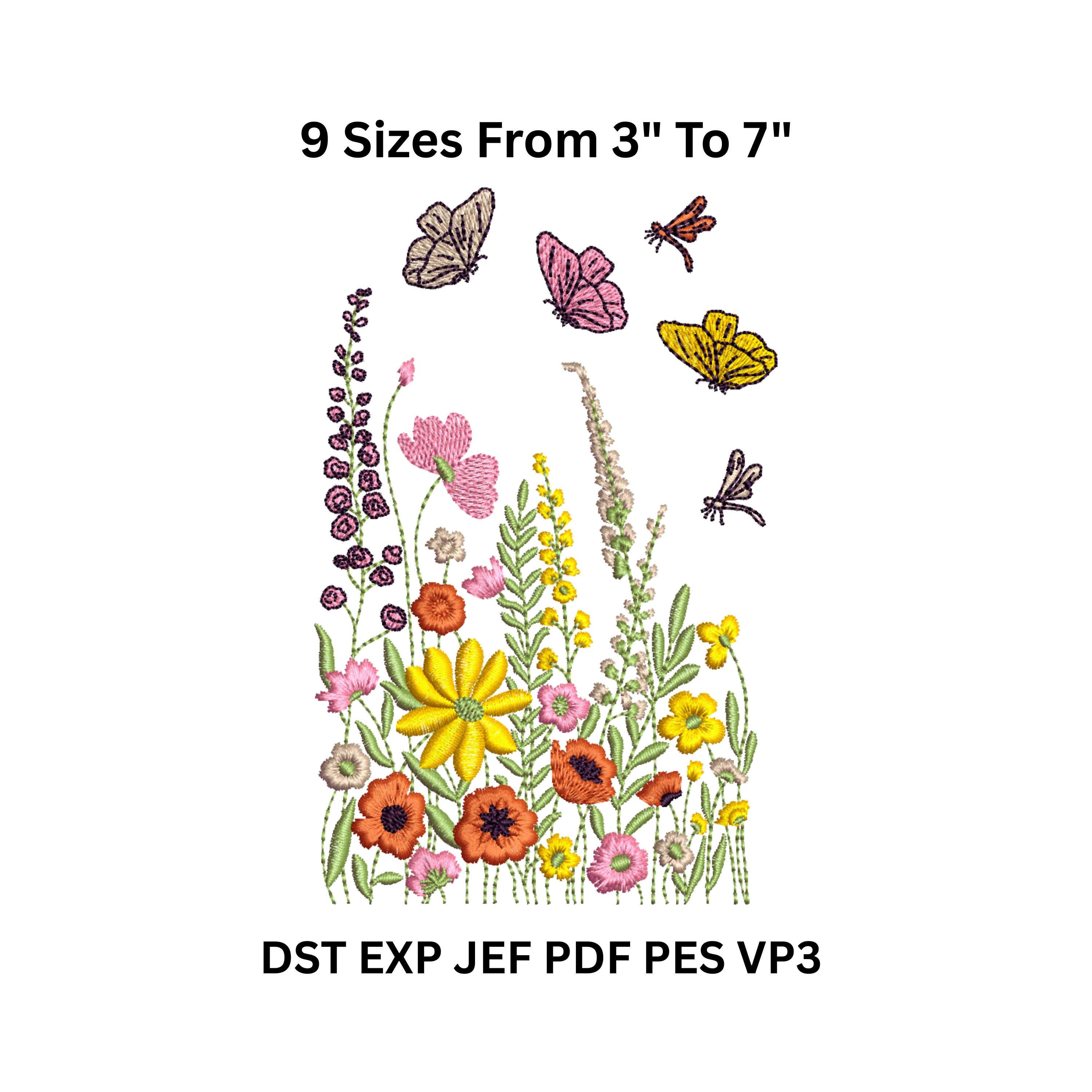 Wildflower Daisy Embroidery Design: Butterfly Meadow (3-7 inch) - Machine Embroidery File (Instant Download)