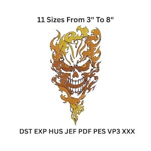 Puede incluir: Un diseño bordado de una calavera en llamas en tonos naranja y amarillo. El diseño está centrado sobre un fondo blanco. El texto en la parte superior dice "11 Tamaños De 7,6 cm A 20,3 cm". Debajo, abreviaturas de tipos de archivo.