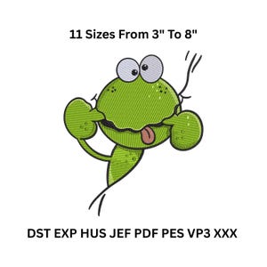 May include: A green cartoon frog with large eyes and a pink tongue sticking out. The frog has a whimsical design and is embroidered. Text above reads "11 Sizes From 3" To 8"", and below are file format abbreviations.