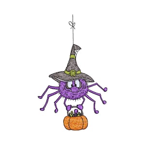May include: A purple spider wearing a witch hat and carrying an orange pumpkin bucket. The spider has eight purple legs and is suspended by a string. The witch hat is gray with a green band and buckle. The pumpkin bucket is filled with treats.