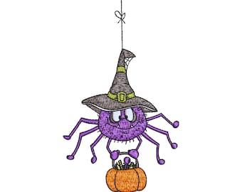 Spider Embroidery Design: Witch Hat, Pumpkin - Halloween Machine Pattern (3-7 Inch)