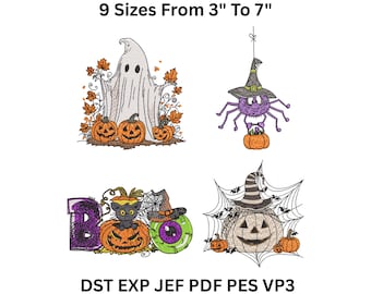 Halloween Embroidery Designs: Spooky Ghost, Witch, Cat, Pumpkin (9 Sizes 3-7 inch, Digital Download)