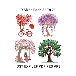 May include: Four embroidery designs featuring trees with heart, flower, and leaf motifs. One design includes a red bicycle. The designs are available in 9 sizes, ranging from 7.6 to 17.8 cm. The image also lists the file formats available.